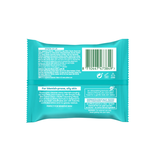 Simple Daily Skin Detox Clear + Matte Cleansing Wipes 25s
