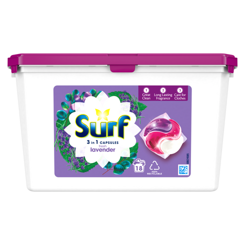 Surf Fresh Lavender 3 in 1 Laundry Washing Capsules 18 Washes