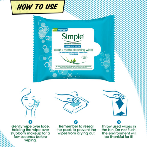 Simple Daily Skin Detox Clear + Matte Cleansing Wipes 25s